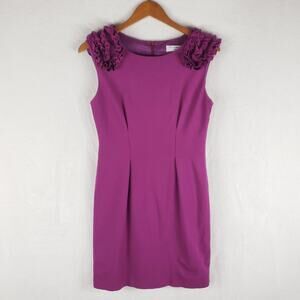 Trina Turk Sheath Dress Women M Fitzgerald Purple Ponte Knit Ruffle Shoulder
